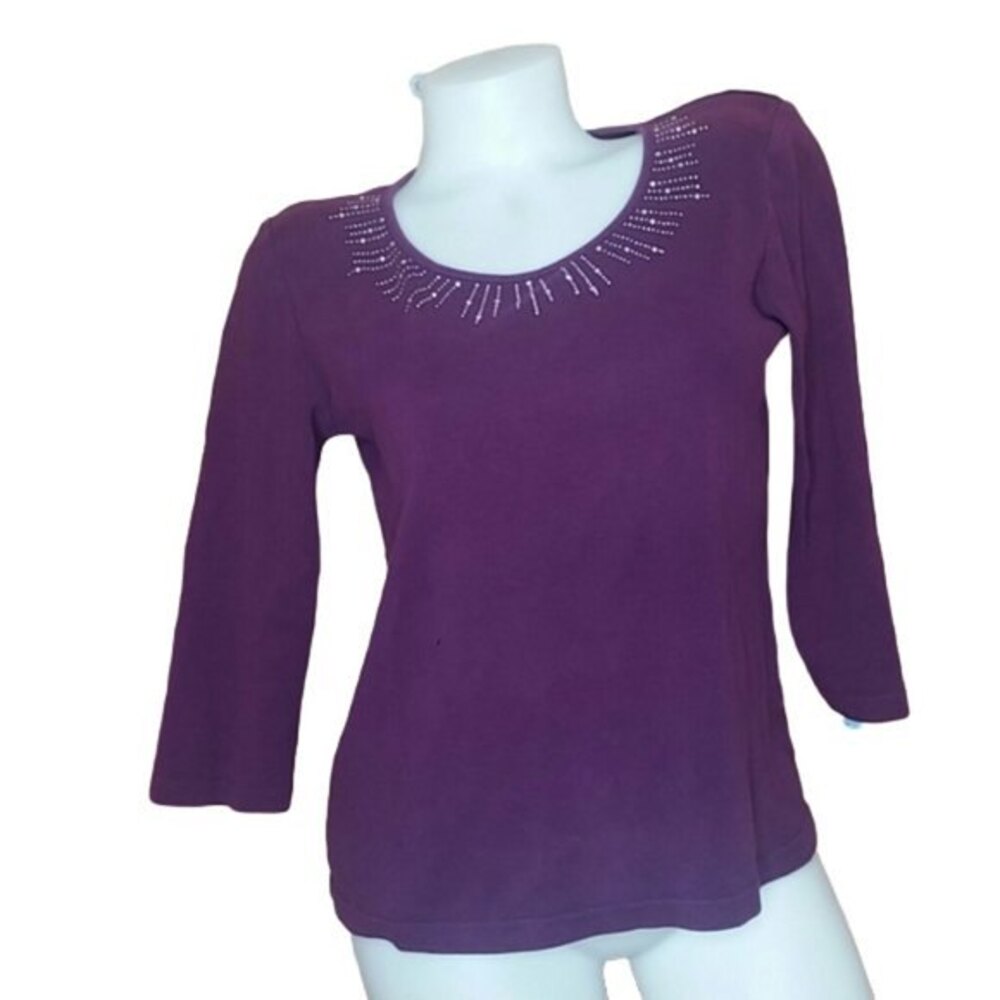 Carolyn Taylor Petite Plum Purple Scoop Neck Studded Detail Top Womens Size PL